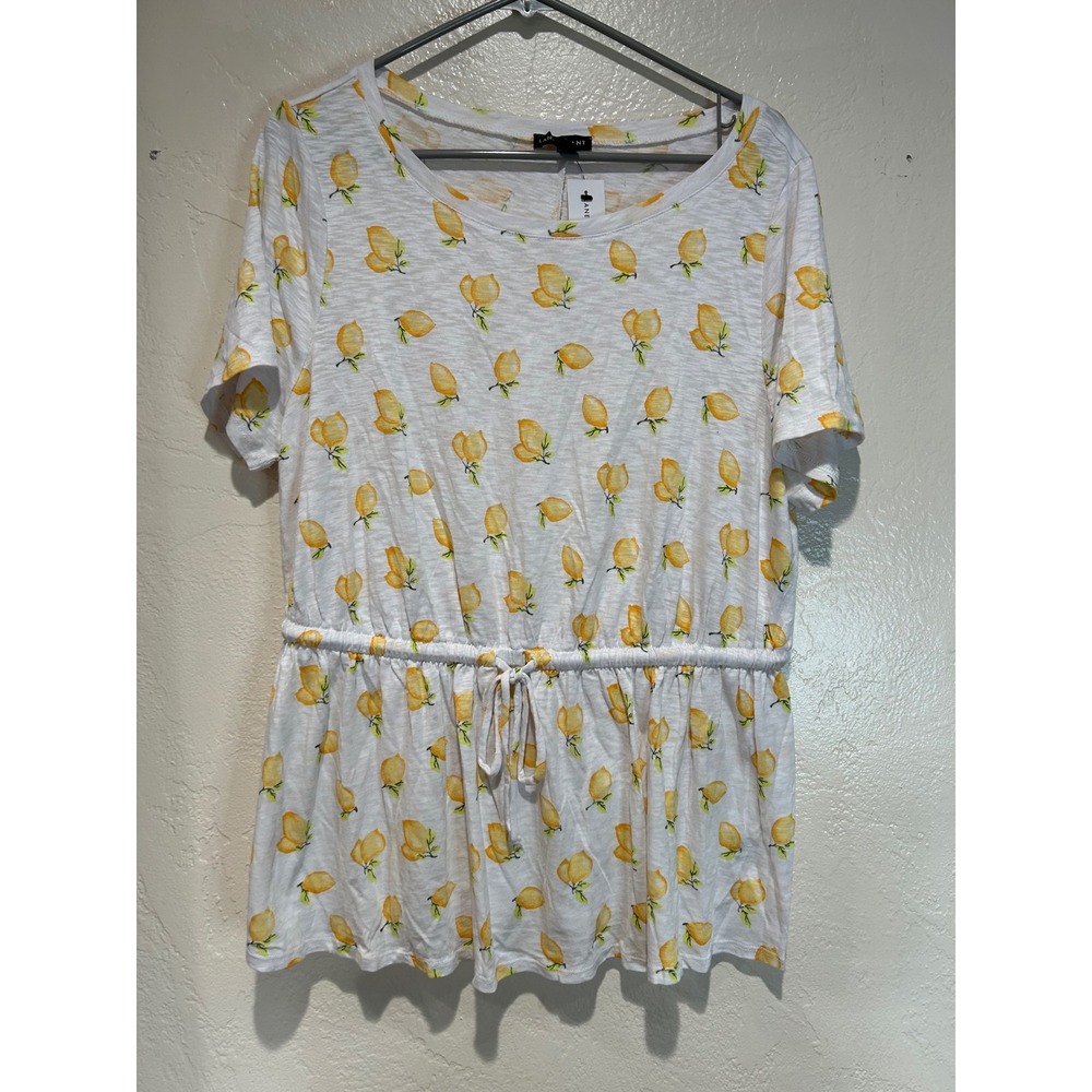 Lane Bryant Women 14/16 White Lemon Print Cotton Drawstring Peplum Top NWT